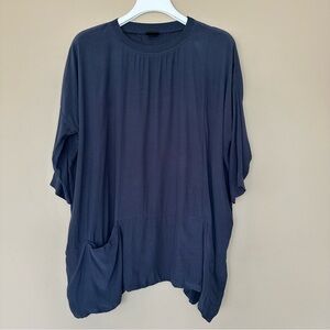 Britte Kai Rand Women Small Oversized Top Pocket Artsy Navy Blue Lagenlook Boxy
